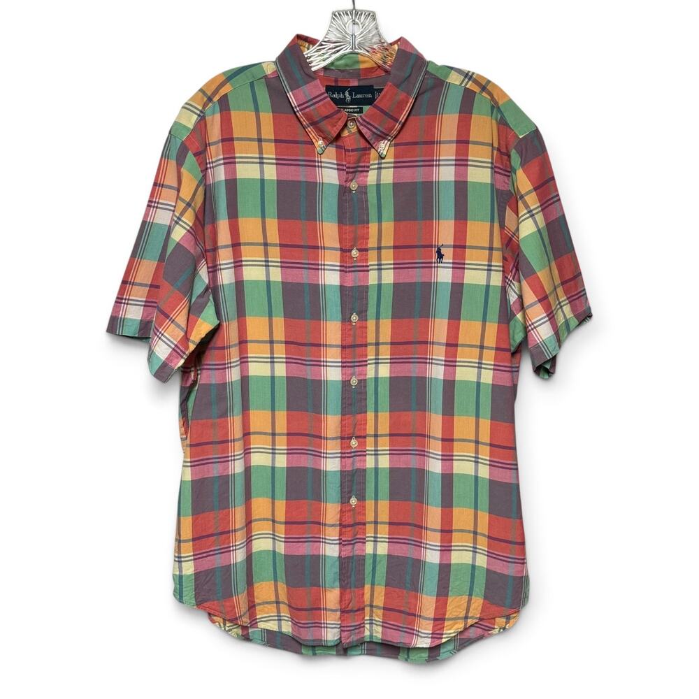 Ralph Lauren Cotton Classic Fit Short Sleeve Button Down Shirt Pastel Plaid XL